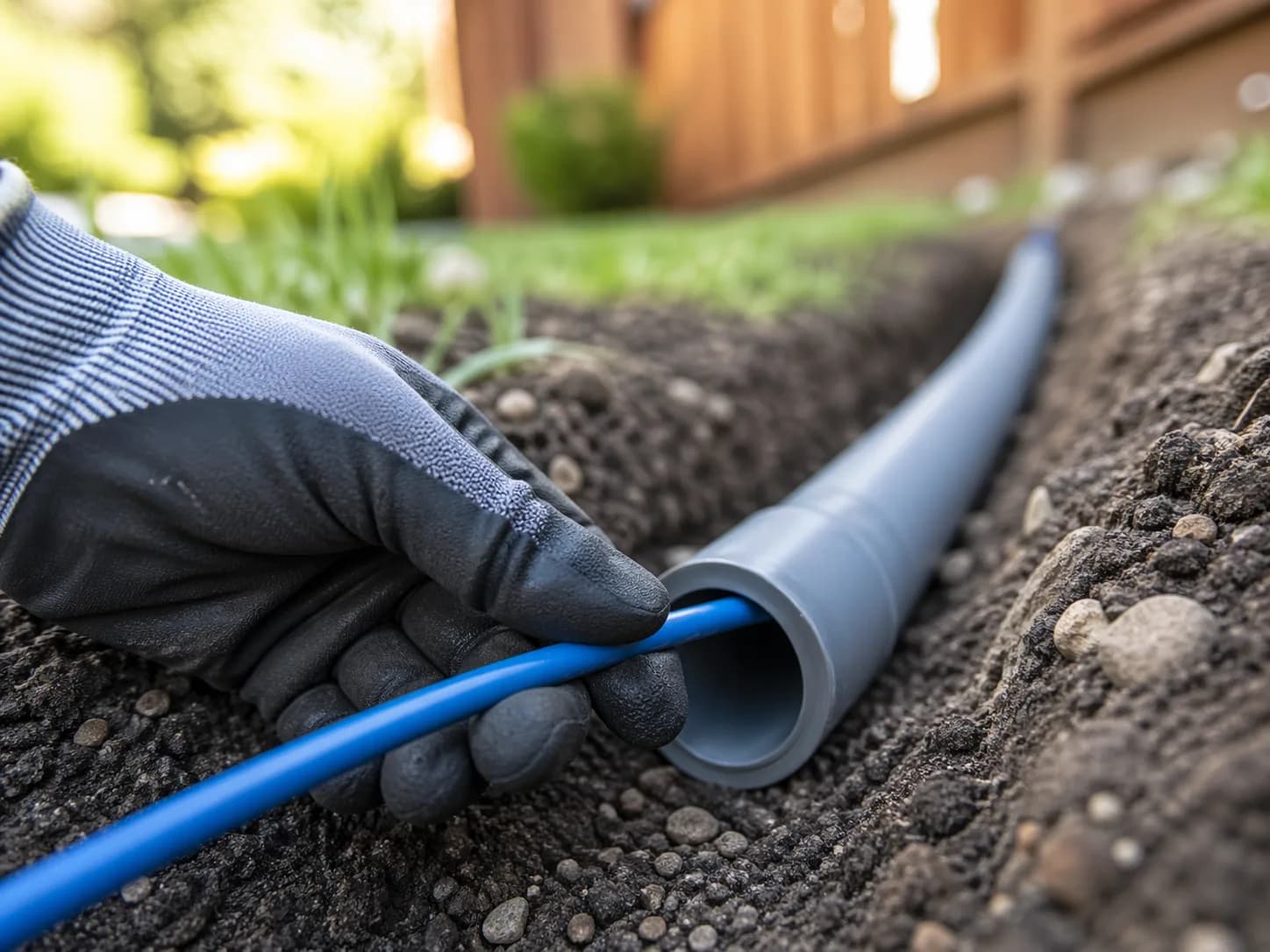 Installer pulling blue cable through gray conduit in a garden trench