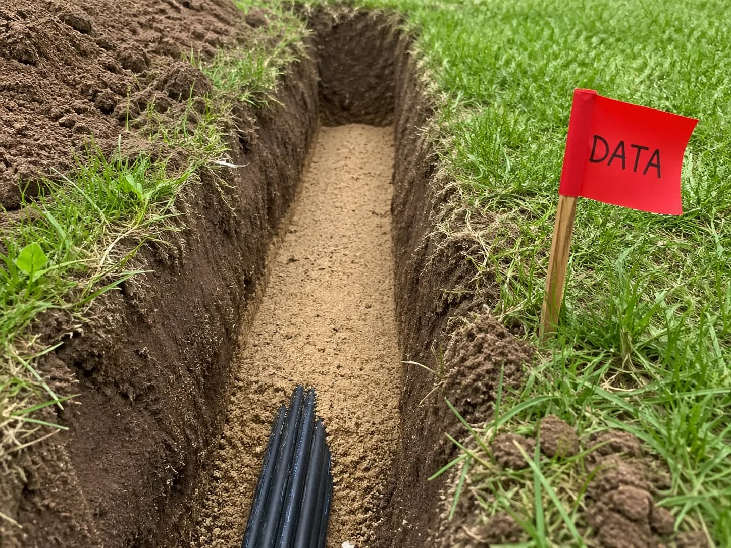 Utility trench prepared for outdoor data cable installation with marked route