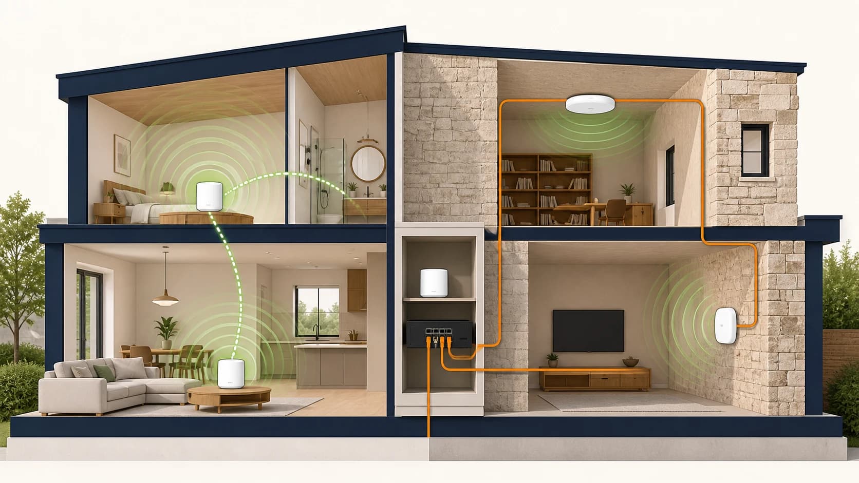 Two-story home comparing wireless mesh nodes with a wired PoE access-point backbone