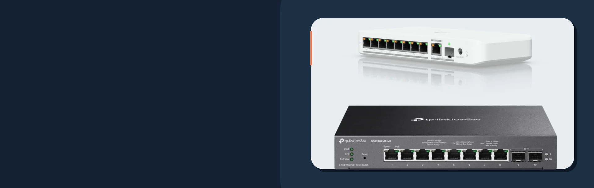Manufacturer product images of UniFi Flex 2.5G PoE and Omada SG2210XMP-M2 switches