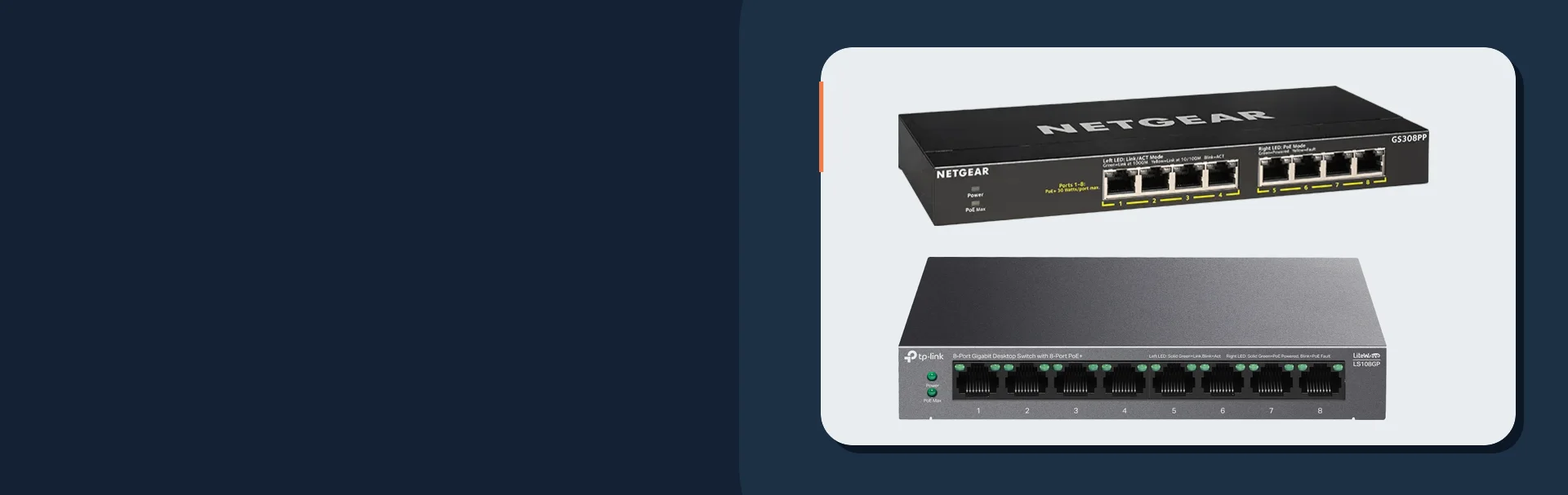 Manufacturer product images of NETGEAR GS308PP and TP-Link LS108GP PoE switches