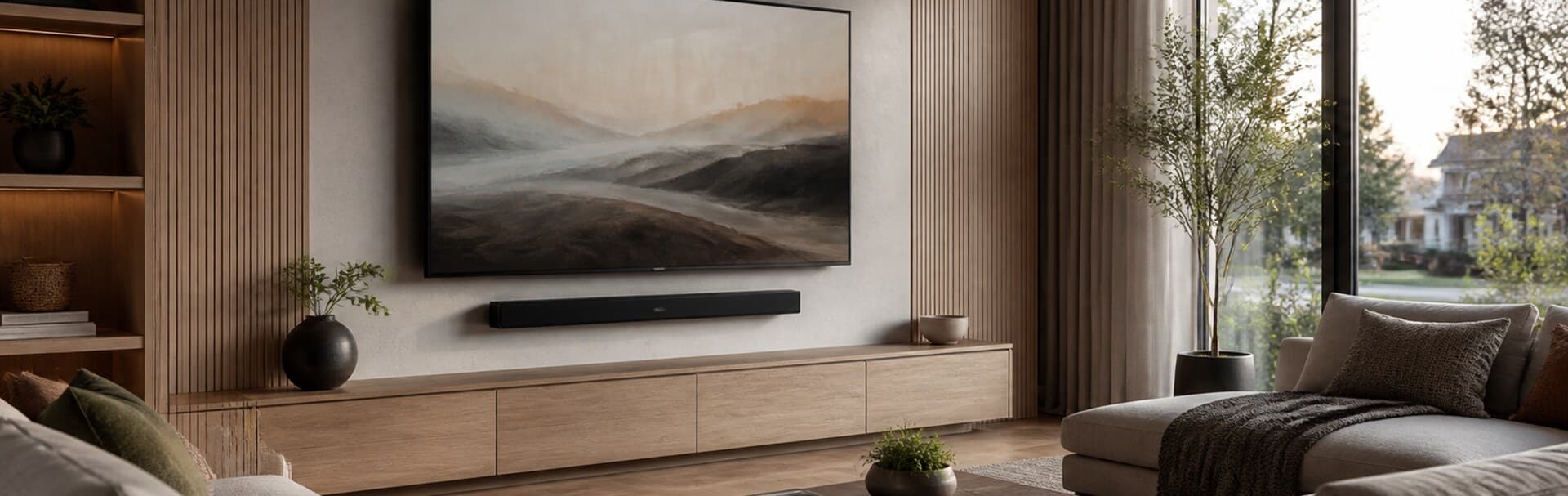 Large wall-mounted television in a warm contemporary living room with controlled daylight