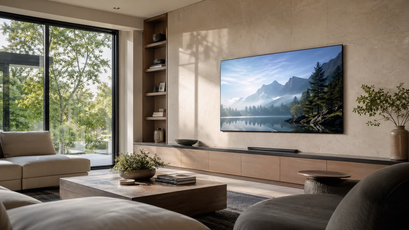 Sunlit living room with a clean wall-mounted television and controlled reflections