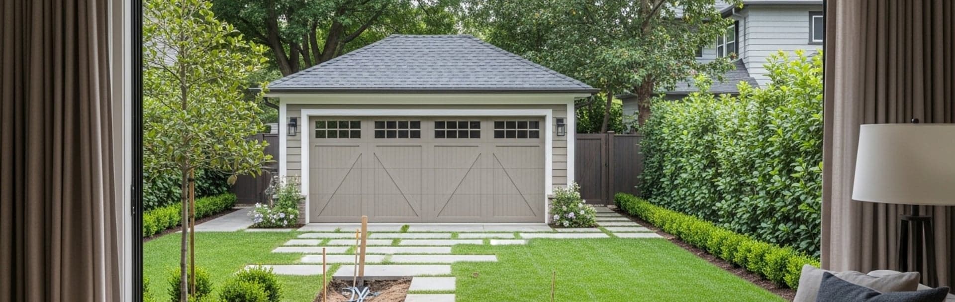 Landscaped backyard and detached garage representing outdoor network trench planning