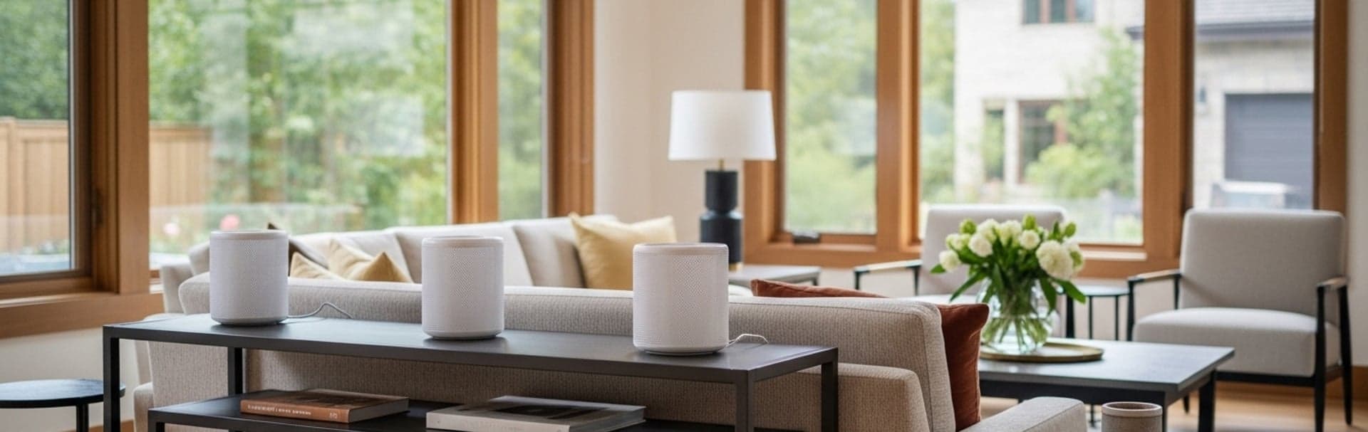 Three unbranded white Wi-Fi mesh nodes placed in a bright living room for whole-home coverage planning