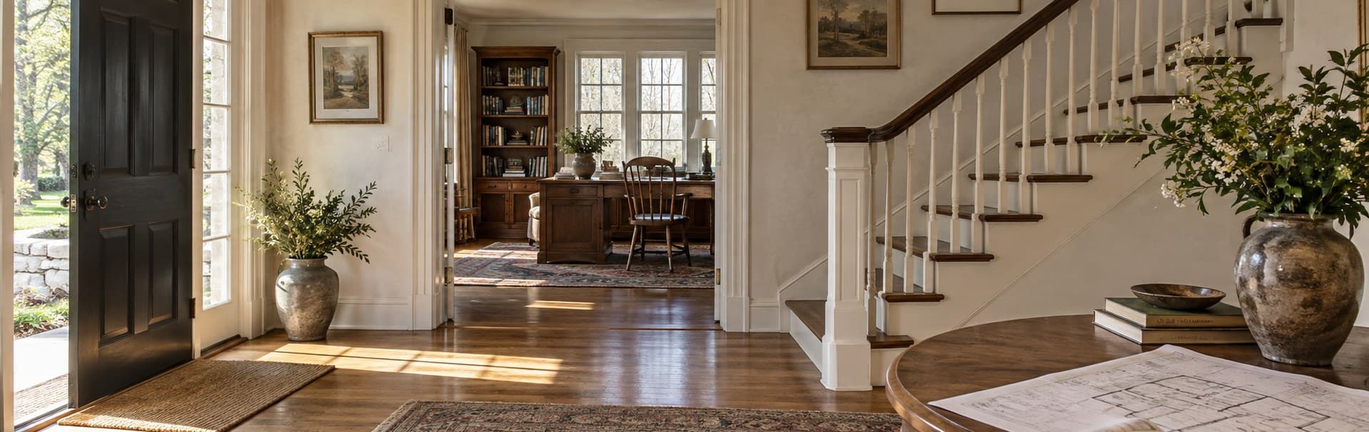 Sunlit older-home entry hall opening toward a home office, with a floor plan on a table
