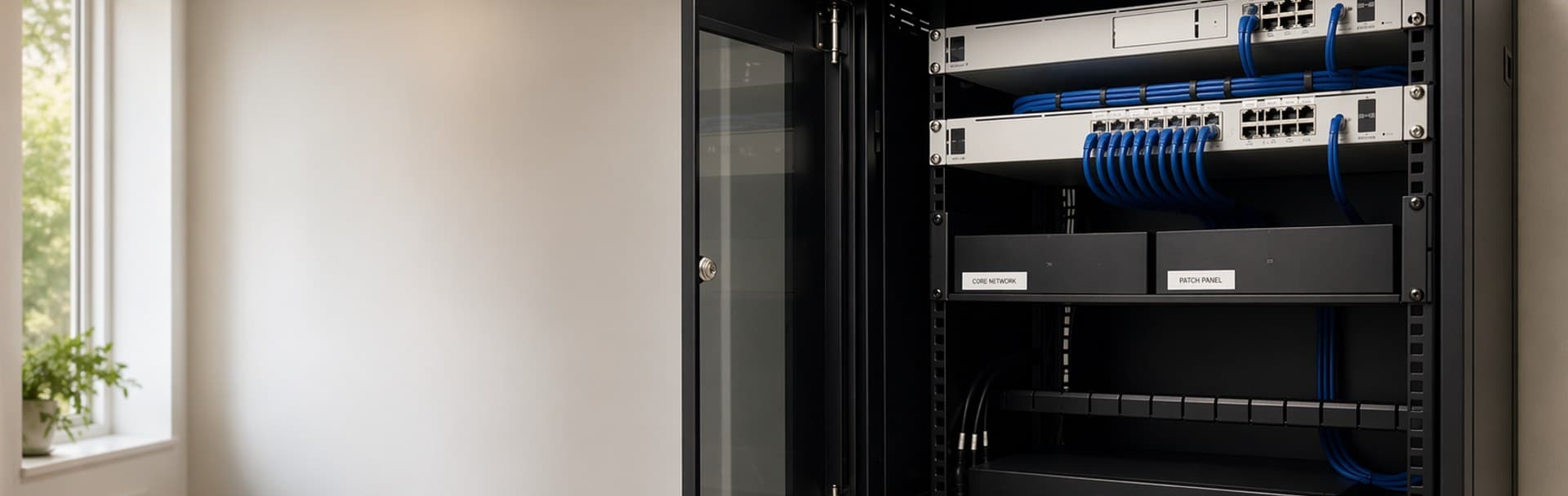 Modern wall-mounted network rack with clean cable management and subtle secondary closet detail