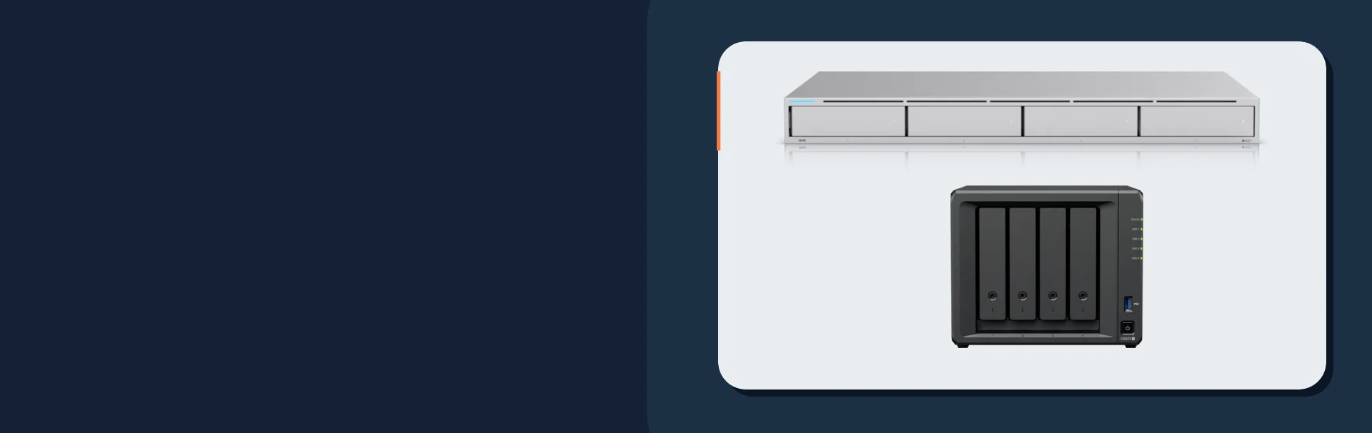 Manufacturer product images of UniFi UNVR and Synology DS925+ storage systems