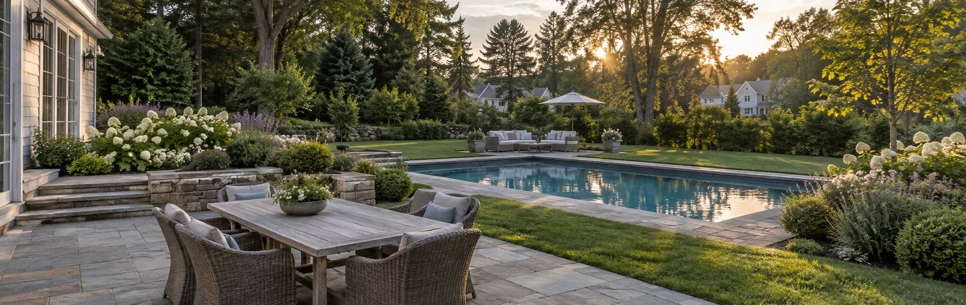 Suburban patio and pool with separate seating areas among gardens and trees