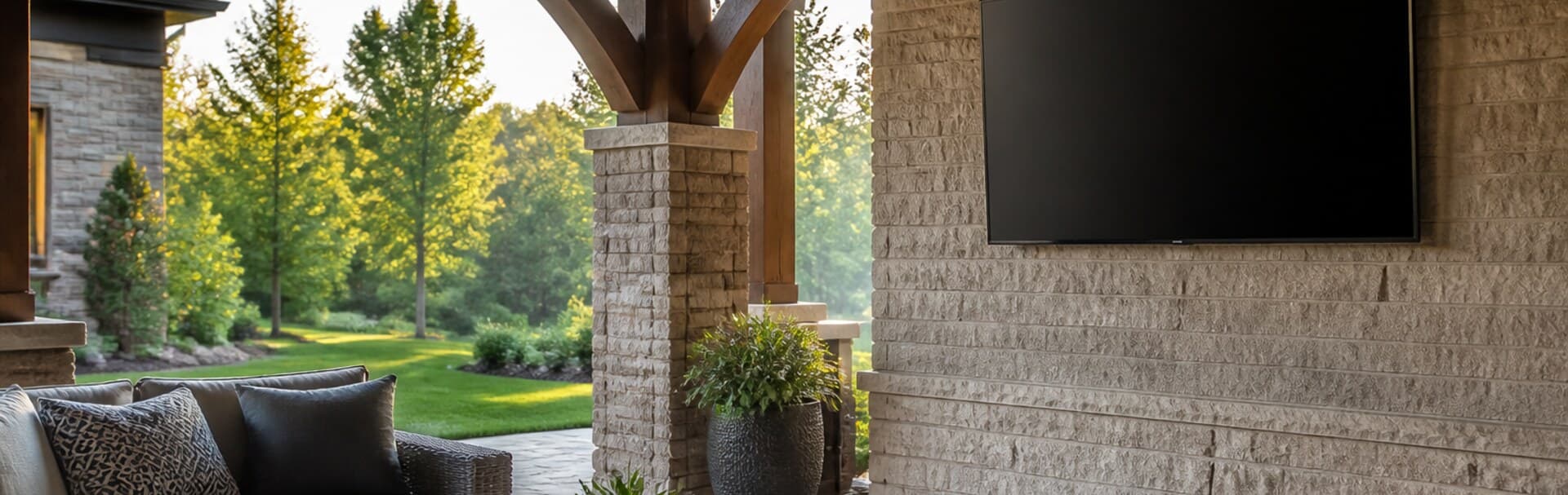 Outdoor television mounted on a shaded stone patio wall