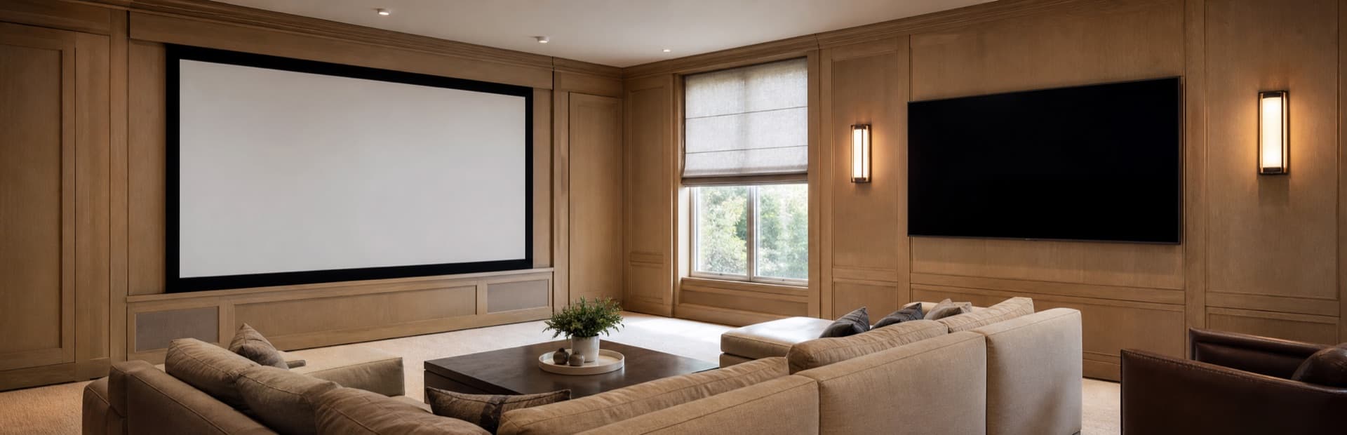 Warm wood media room with a projection screen and wall-mounted television