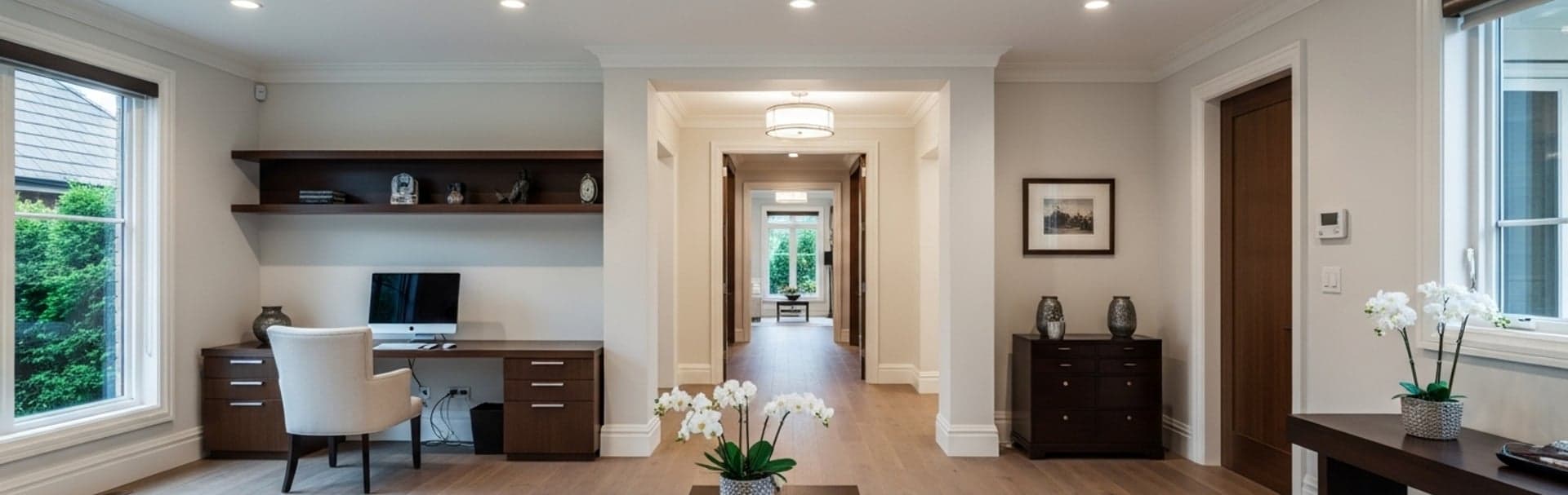 Modern home entry and office area for Matter camera and doorbell planning