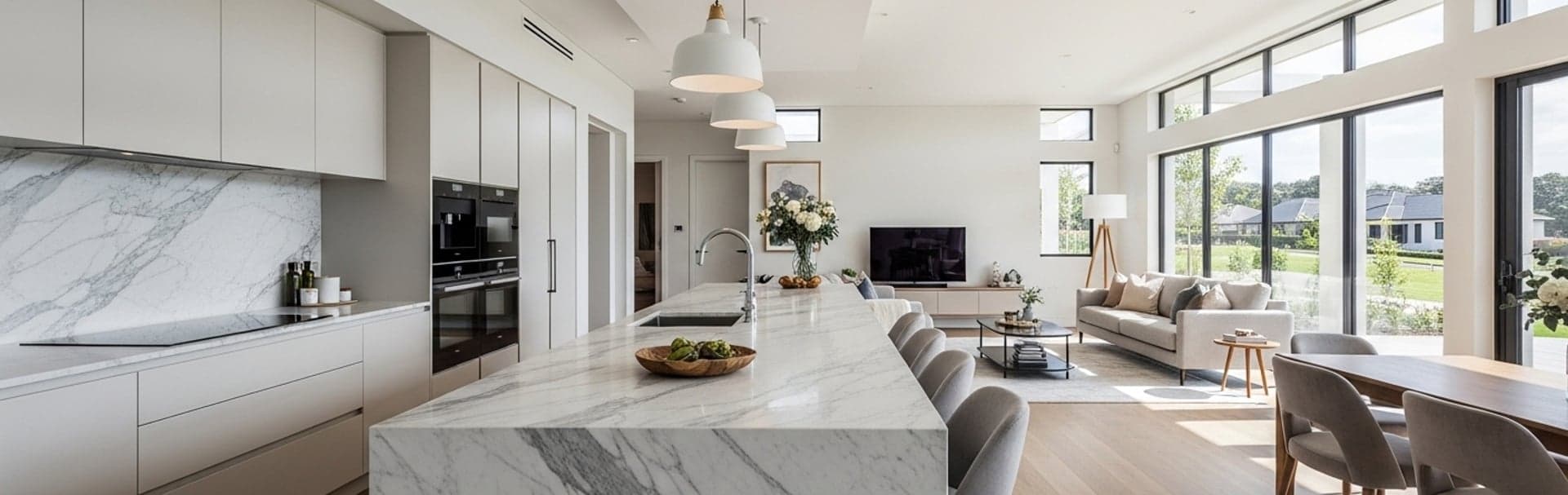 Open-plan kitchen and living room in a modern Westchester home