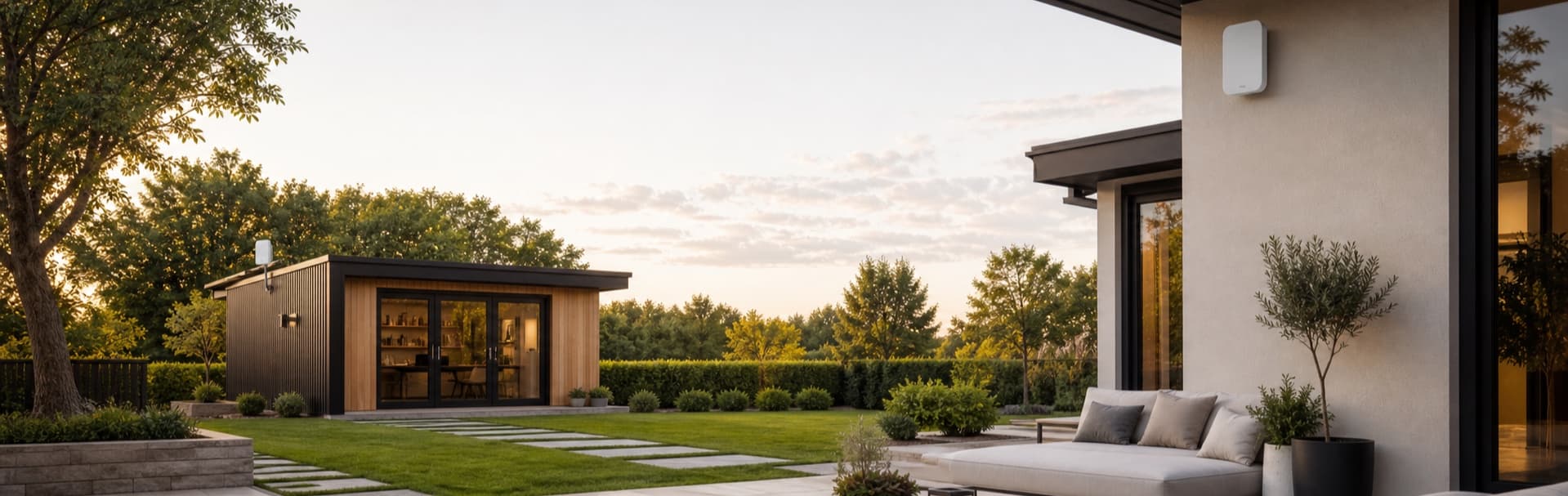 Modern home patio and detached garden office connected by outdoor wireless networking