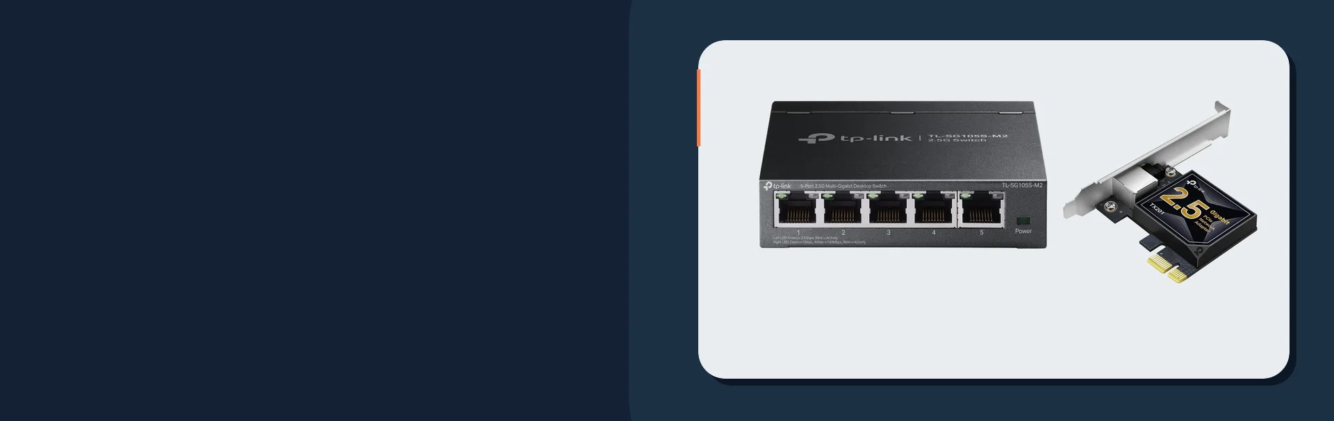 Manufacturer product images of TP-Link TL-SG105S-M2 switch and TX201 network adapter