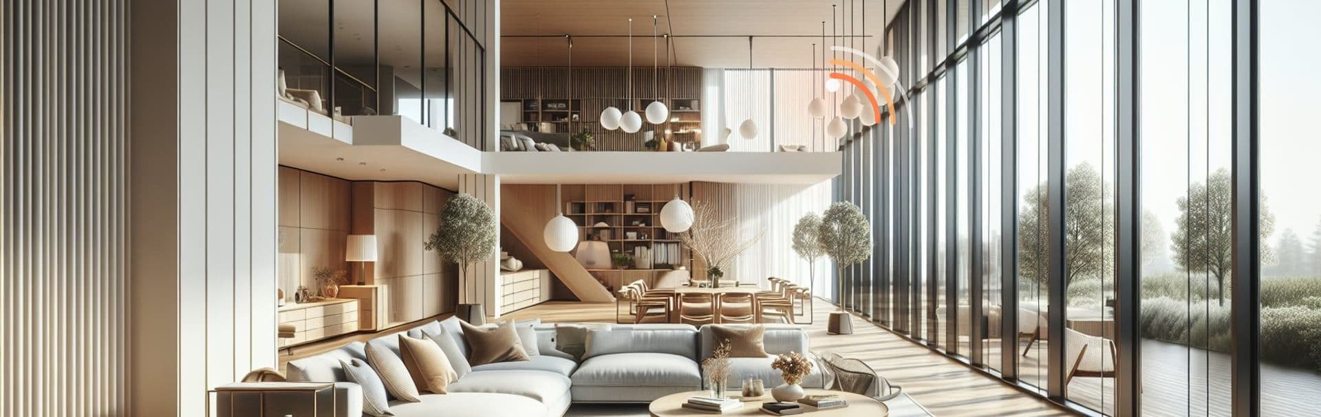 High-end modern office or luxury home interior with subtle Wi-Fi signal visualization — professional installation