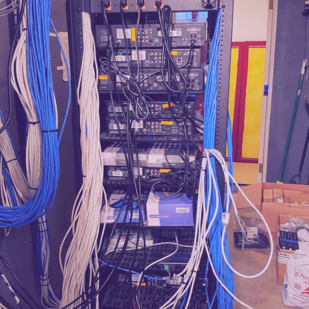 Structured cabling rack with patch panel and Ethernet terminations